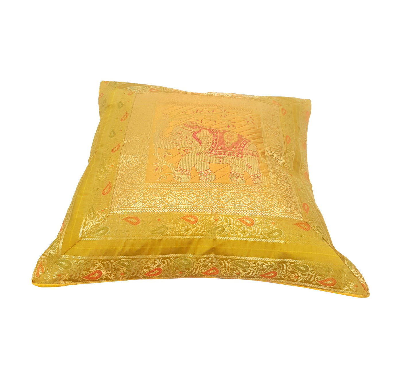 16x16 Inch Cushion Cover Mustard Elephant Woven Zari Brocade Banarasi Silk Decor