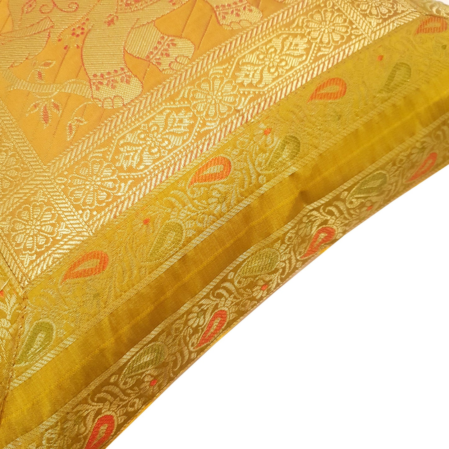 16x16 Inch Cushion Cover Mustard Elephant Woven Zari Brocade Banarasi Silk Decor