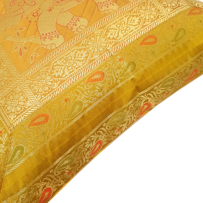 16x16 Inch Cushion Cover Mustard Elephant Woven Zari Brocade Banarasi Silk Decor