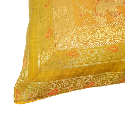 16x16 Inch Cushion Cover Mustard Elephant Woven Zari Brocade Banarasi Silk Decor