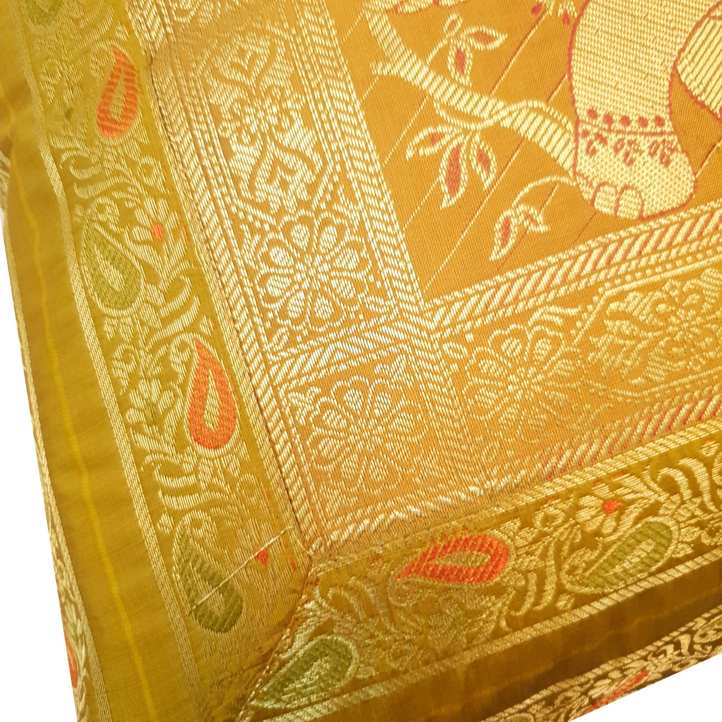16x16 Inch Cushion Cover Mustard Elephant Woven Zari Brocade Banarasi Silk Decor