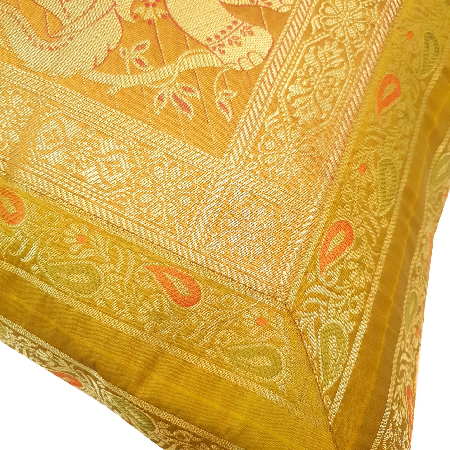 16x16 Inch Cushion Cover Mustard Elephant Woven Zari Brocade Banarasi Silk Decor