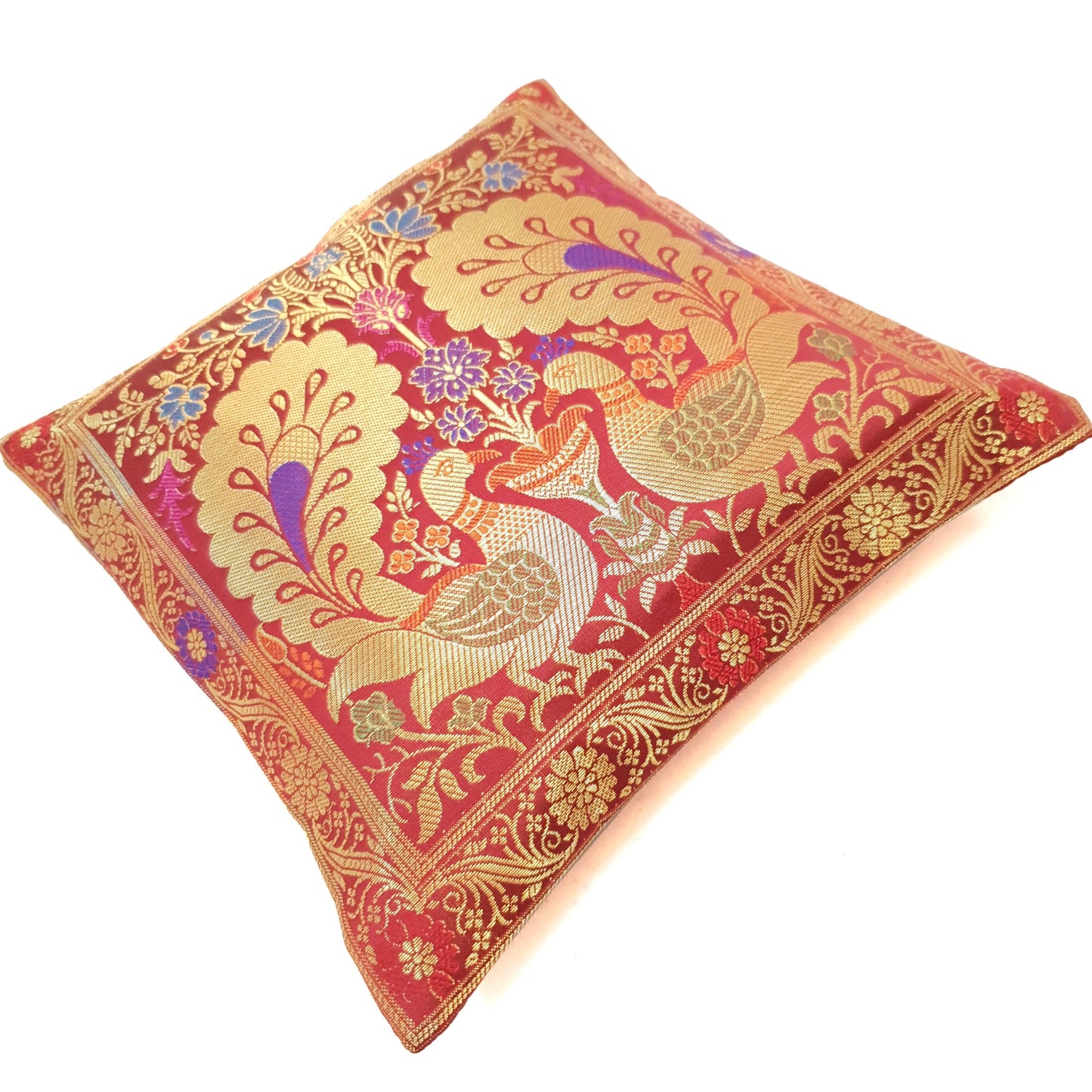 12x12 Inch Cushion Cover Banarasi Decor Woven Peacock Zari Brocade Silk Maroon