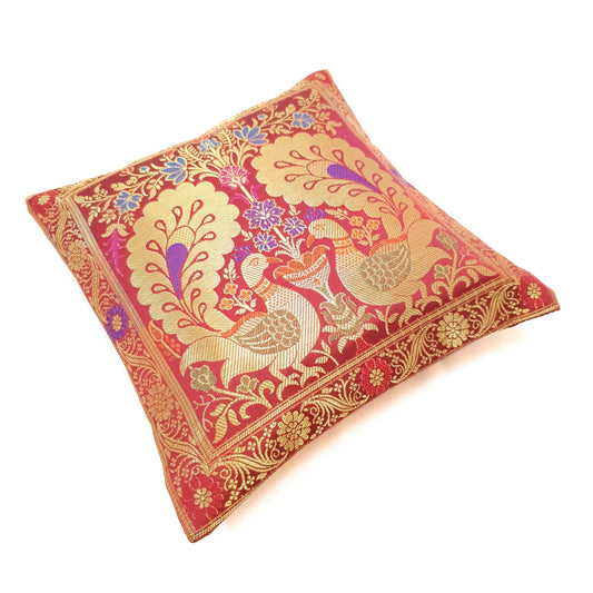12x12 Inch Cushion Cover Banarasi Decor Woven Peacock Zari Brocade Silk Maroon