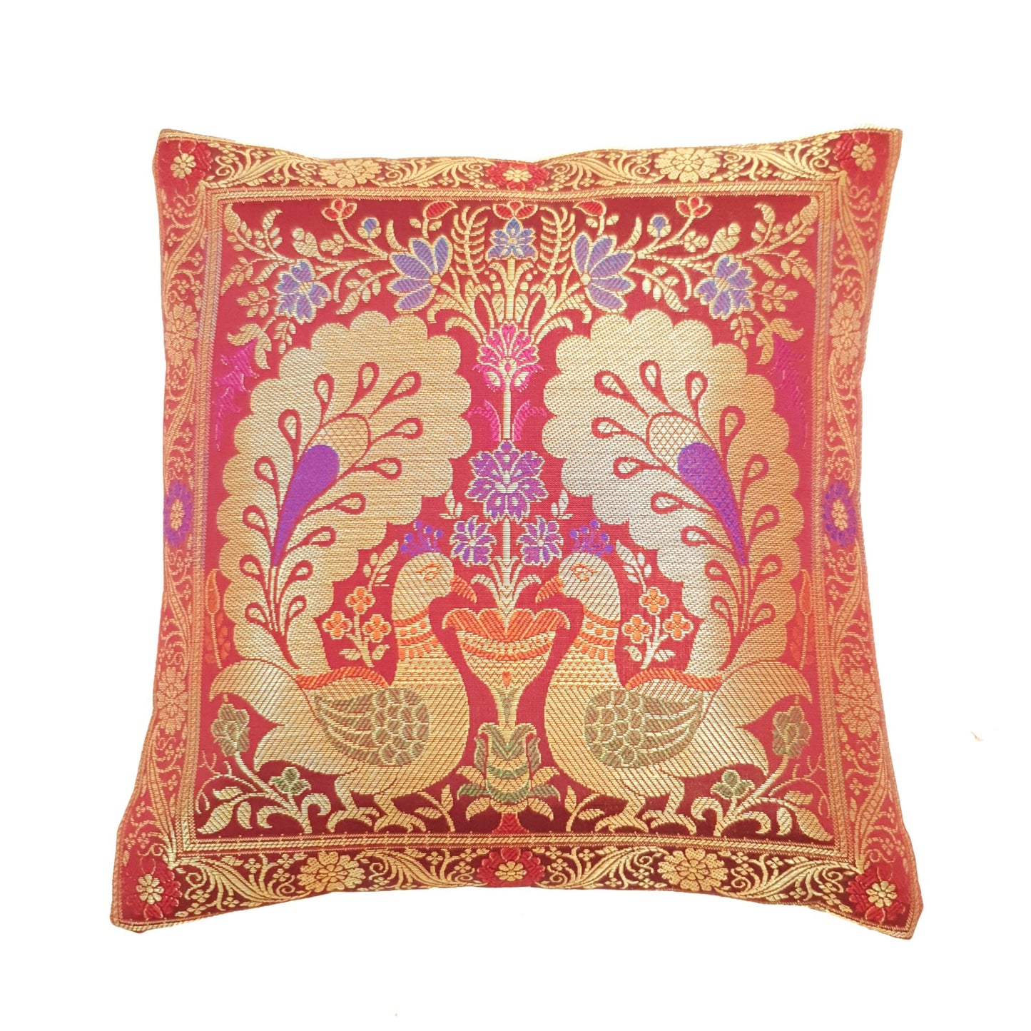 12x12 Inch Cushion Cover Banarasi Decor Woven Peacock Zari Brocade Silk Maroon