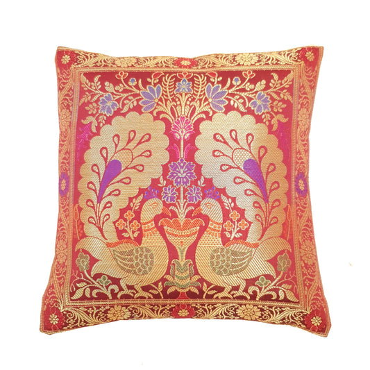 12x12 Inch Cushion Cover Banarasi Decor Woven Peacock Zari Brocade Silk Maroon