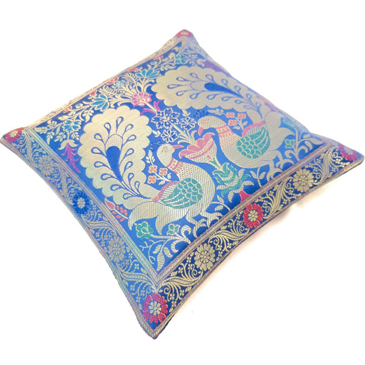 12x12 Inch Blue Cushion Cover Banarasi Decor Woven Peacock Zari Brocade Silk