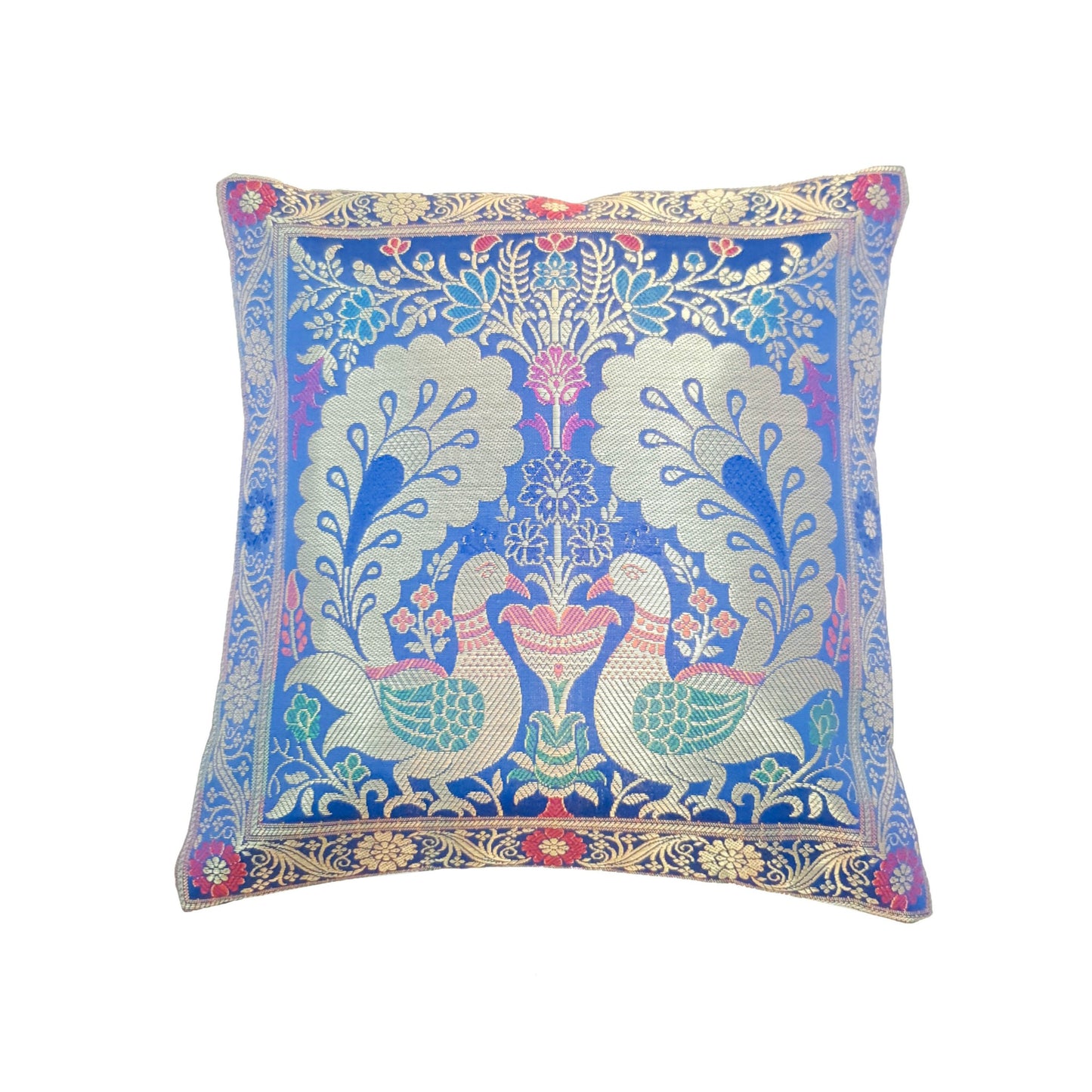 12x12 Inch Blue Cushion Cover Banarasi Decor Woven Peacock Zari Brocade Silk