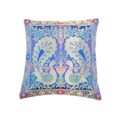 12x12 Inch Blue Cushion Cover Banarasi Decor Woven Peacock Zari Brocade Silk