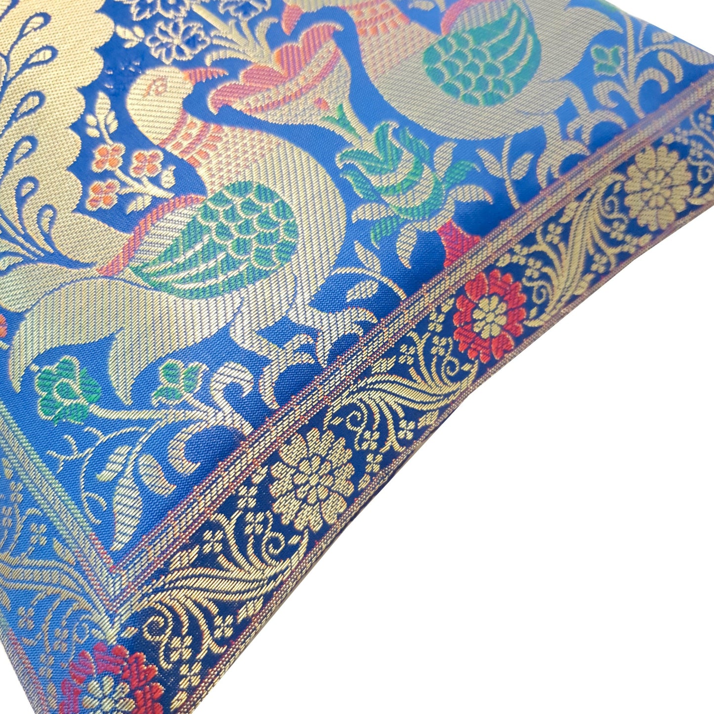 12x12 Inch Blue Cushion Cover Banarasi Decor Woven Peacock Zari Brocade Silk