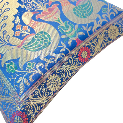 12x12 Inch Blue Cushion Cover Banarasi Decor Woven Peacock Zari Brocade Silk
