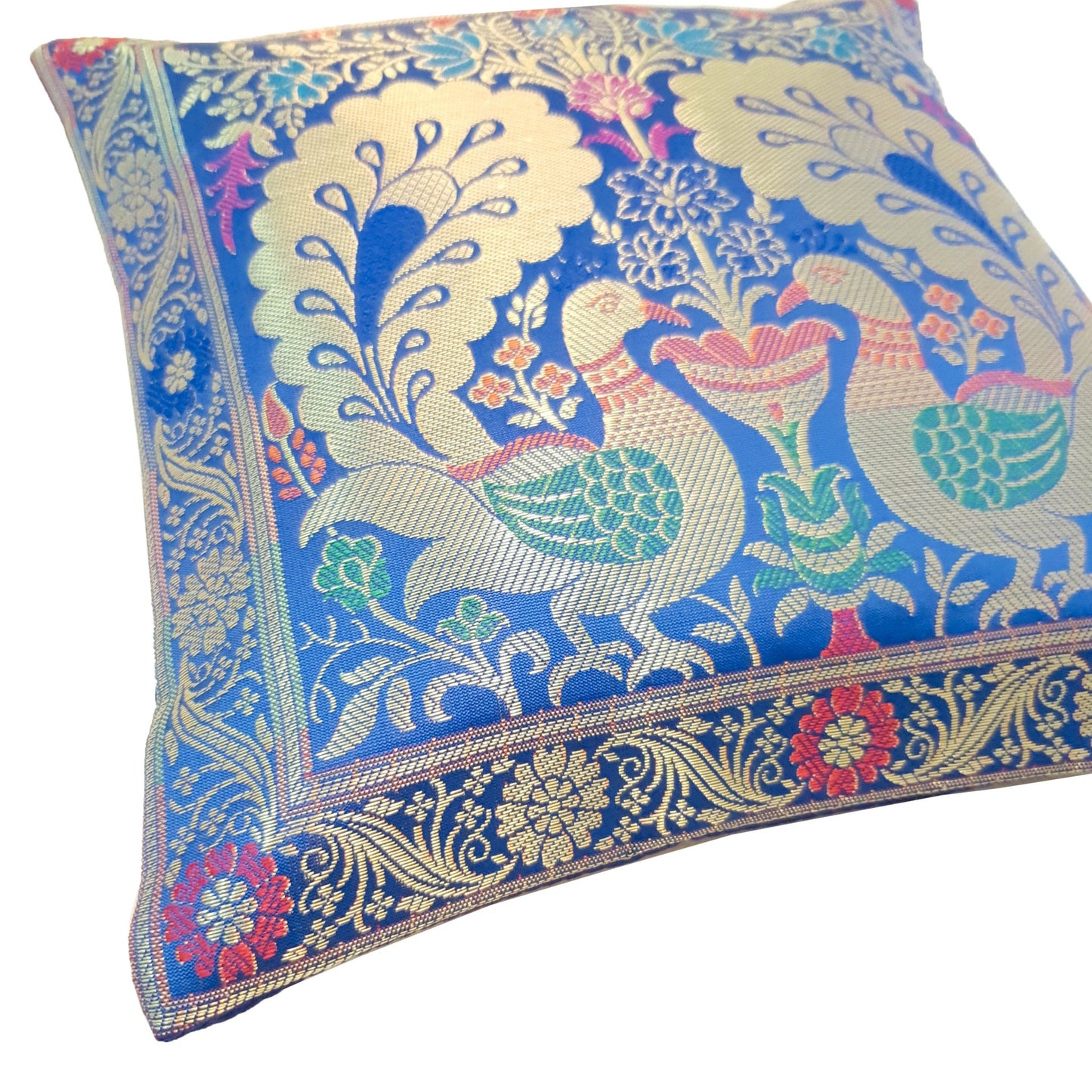 12x12 Inch Blue Cushion Cover Banarasi Decor Woven Peacock Zari Brocade Silk