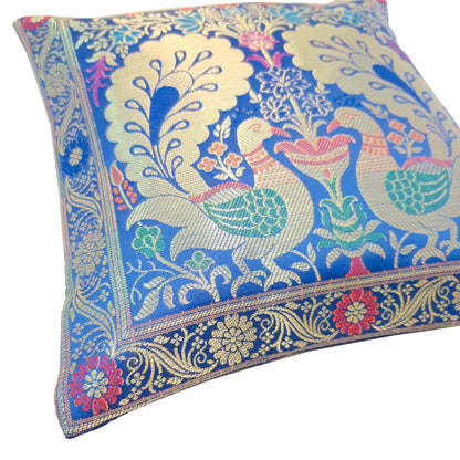 12x12 Inch Blue Cushion Cover Banarasi Decor Woven Peacock Zari Brocade Silk