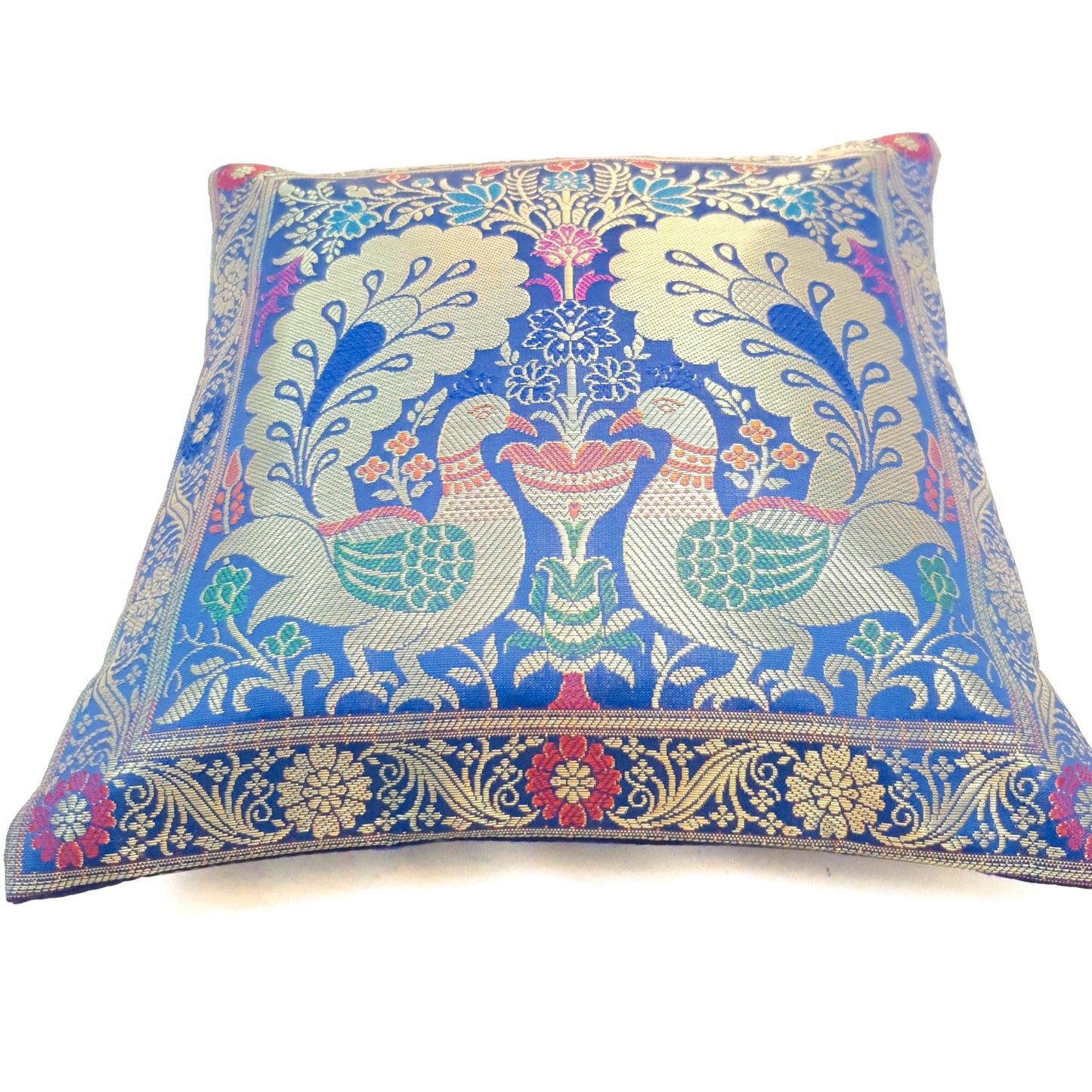12x12 Inch Blue Cushion Cover Banarasi Decor Woven Peacock Zari Brocade Silk