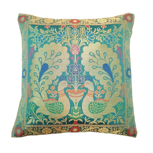 12x12 Inch Cushion Cover Teal Green Banarasi Woven Peacock Zari Brocade Silk