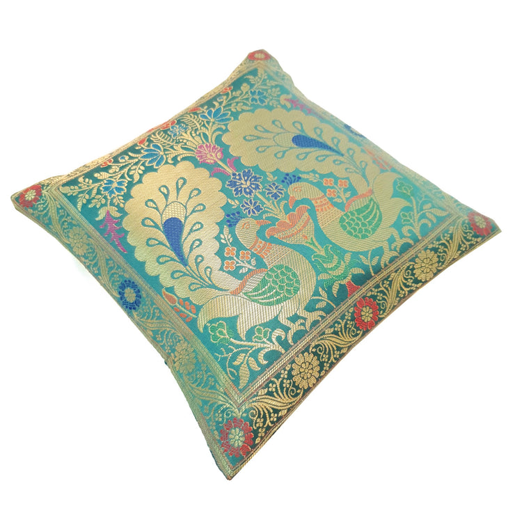 12x12 Inch Cushion Cover Teal Green Banarasi Woven Peacock Zari Brocade Silk