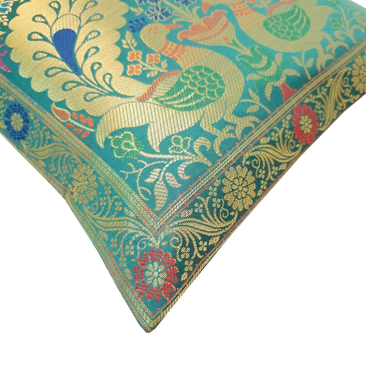 12x12 Inch Cushion Cover Teal Green Banarasi Woven Peacock Zari Brocade Silk