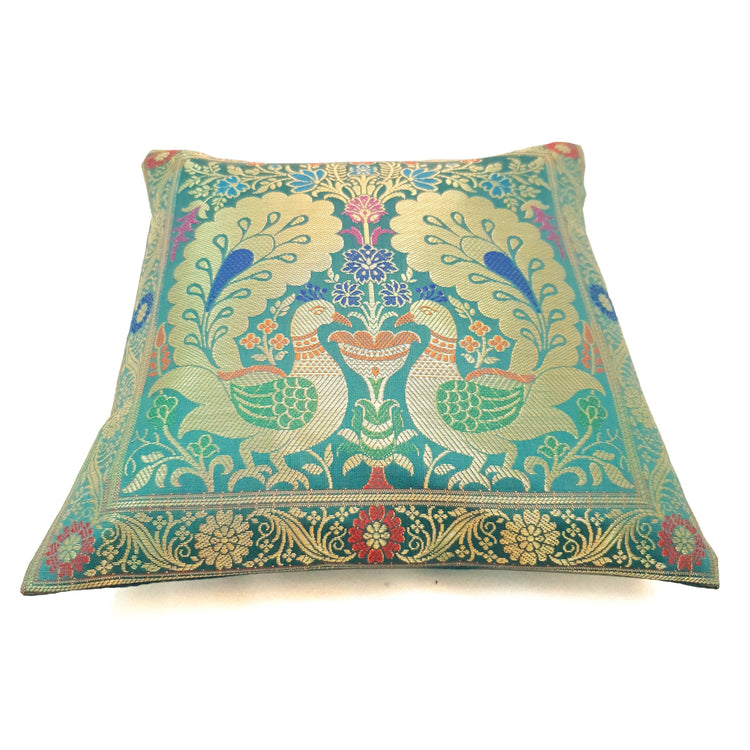 12x12 Inch Cushion Cover Teal Green Banarasi Woven Peacock Zari Brocade Silk