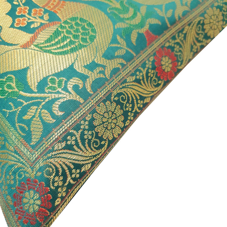 12x12 Inch Cushion Cover Teal Green Banarasi Woven Peacock Zari Brocade Silk