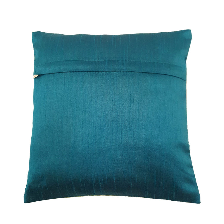 12x12 Inch Cushion Cover Teal Green Banarasi Woven Peacock Zari Brocade Silk