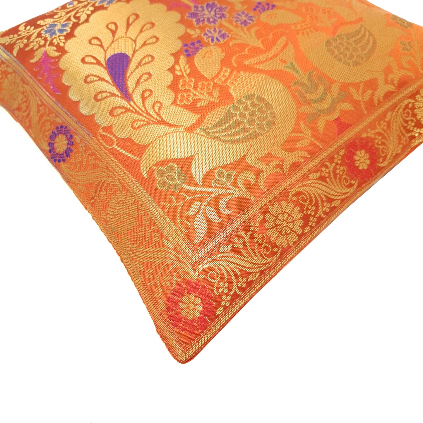 12x12 Inch Cushion Cover Orange Banarasi Decor Woven Peacock Zari Brocade Silk