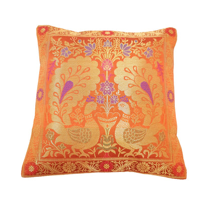 12x12 Inch Cushion Cover Orange Banarasi Decor Woven Peacock Zari Brocade Silk