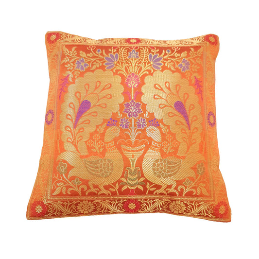 12x12 Inch Cushion Cover Orange Banarasi Decor Woven Peacock Zari Brocade Silk