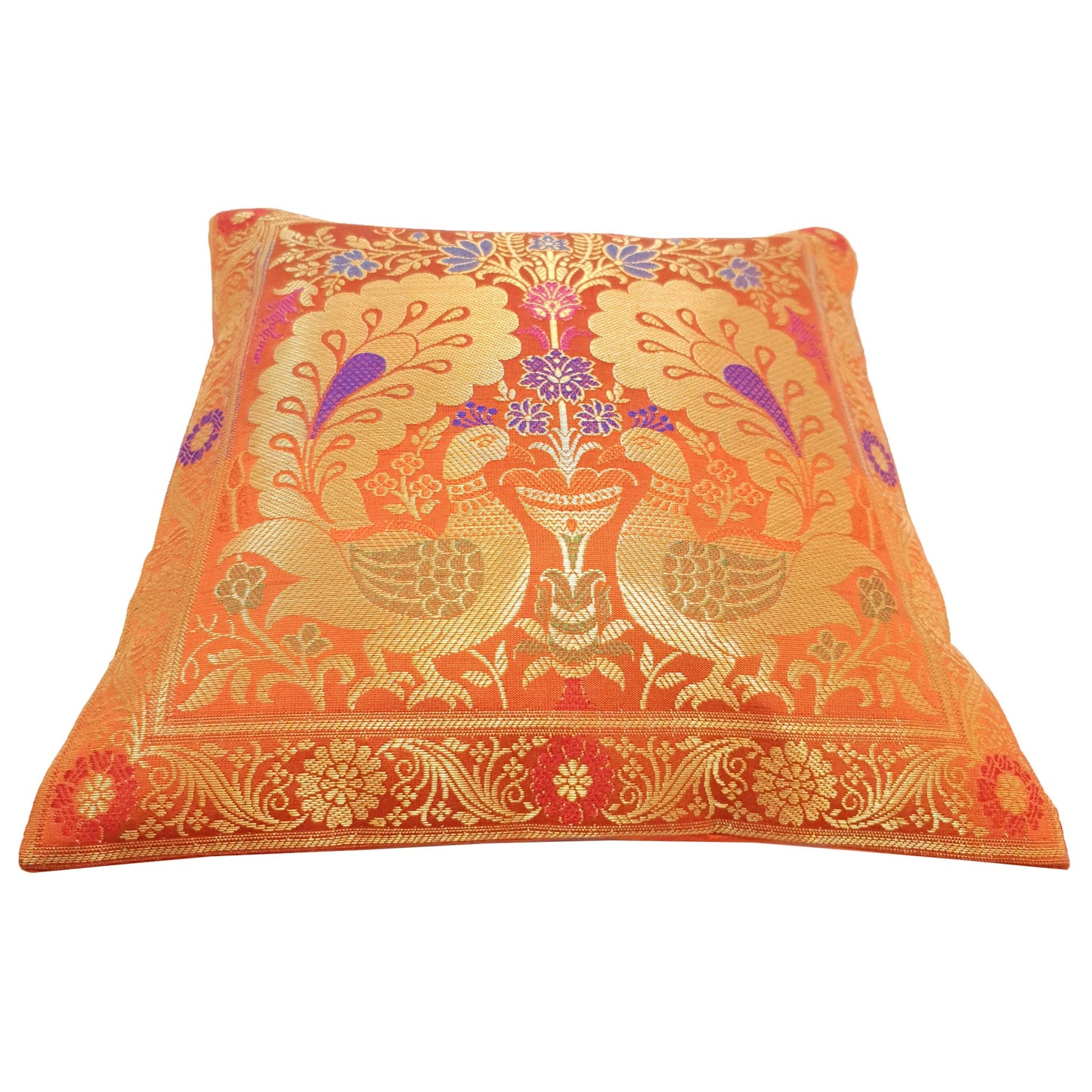 12x12 Inch Cushion Cover Orange Banarasi Decor Woven Peacock Zari Brocade Silk