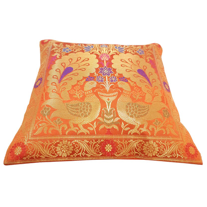 12x12 Inch Cushion Cover Orange Banarasi Decor Woven Peacock Zari Brocade Silk