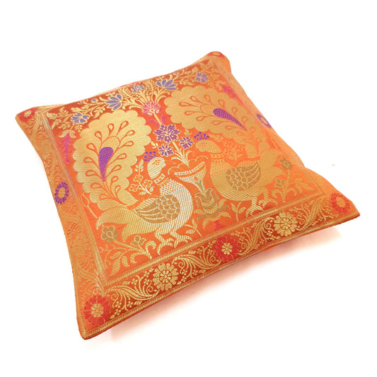 12x12 Inch Cushion Cover Orange Banarasi Decor Woven Peacock Zari Brocade Silk
