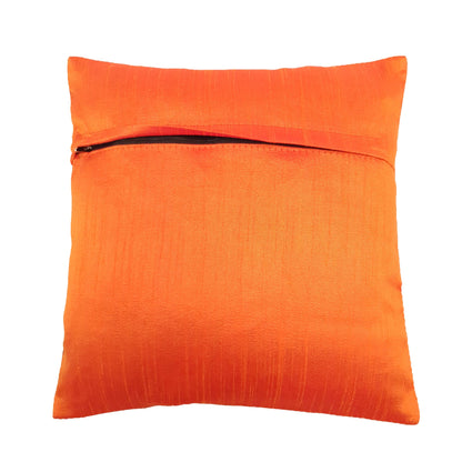 12x12 Inch Cushion Cover Orange Banarasi Decor Woven Peacock Zari Brocade Silk