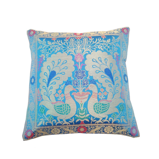 12x12 Inch Cushion Cover Turquoise Blue Banarasi Woven Peacock Zari Brocade Silk