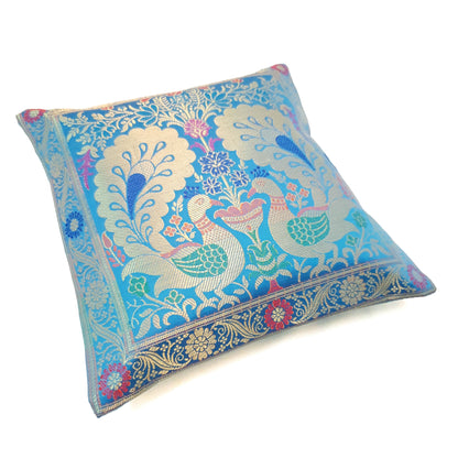 12x12 Inch Cushion Cover Turquoise Blue Banarasi Woven Peacock Zari Brocade Silk