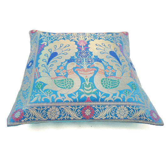 12x12 Inch Cushion Cover Turquoise Blue Banarasi Woven Peacock Zari Brocade Silk