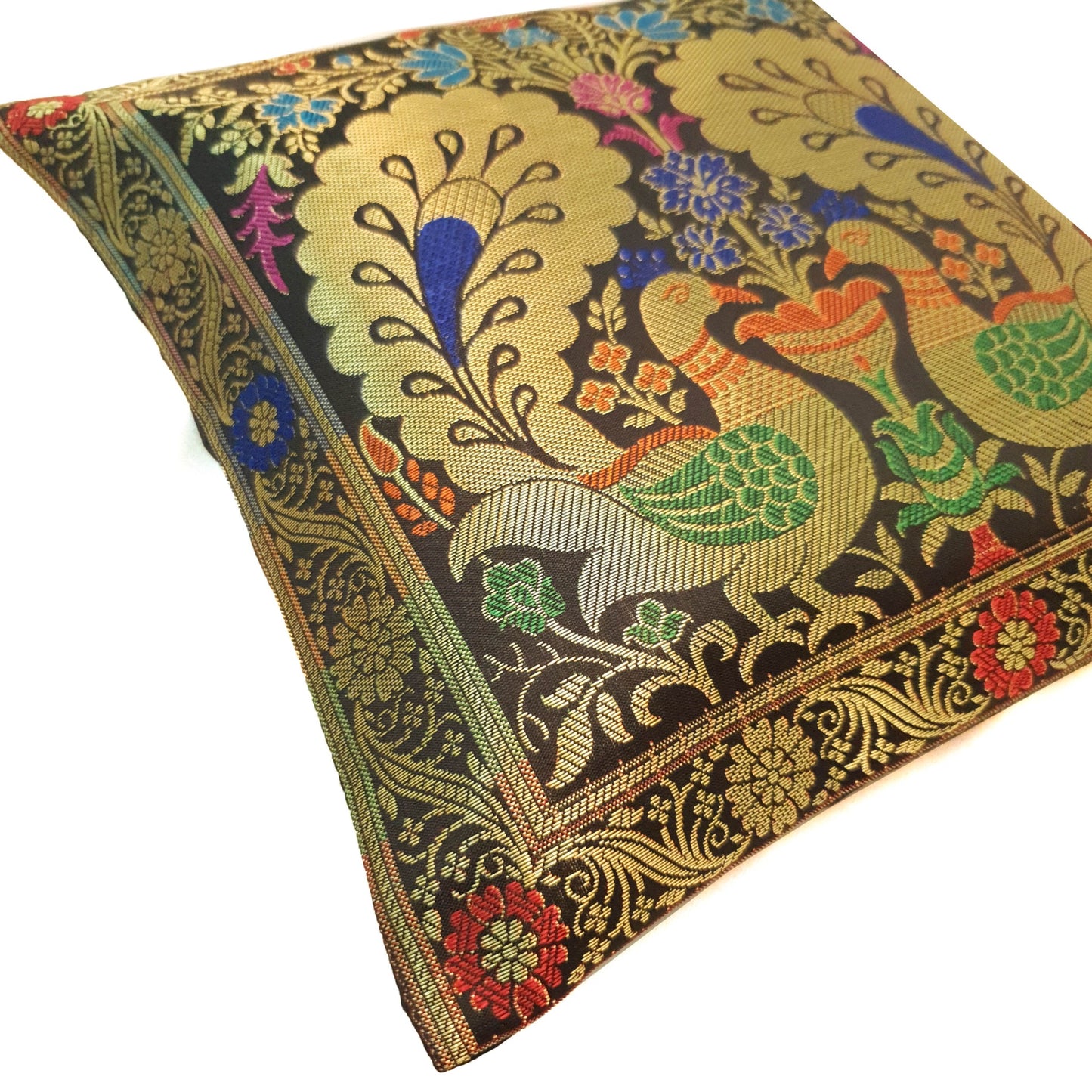 12x12 Inch Cushion Covers Black Indian Banarasi Woven Peacock Zari Brocade Silk
