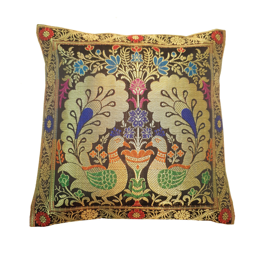 12x12 Inch Cushion Covers Black Indian Banarasi Woven Peacock Zari Brocade Silk