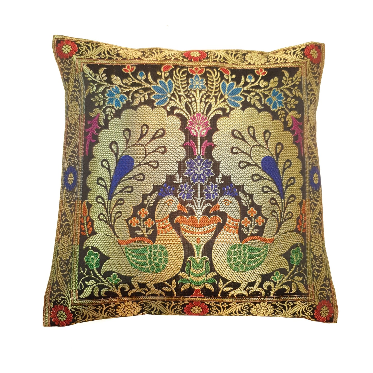 12x12 Inch Cushion Covers Black Indian Banarasi Woven Peacock Zari Brocade Silk