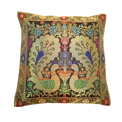 12x12 Inch Cushion Covers Black Indian Banarasi Woven Peacock Zari Brocade Silk