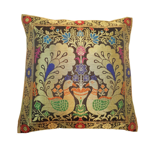 12x12 Inch Cushion Covers Black Indian Banarasi Woven Peacock Zari Brocade Silk