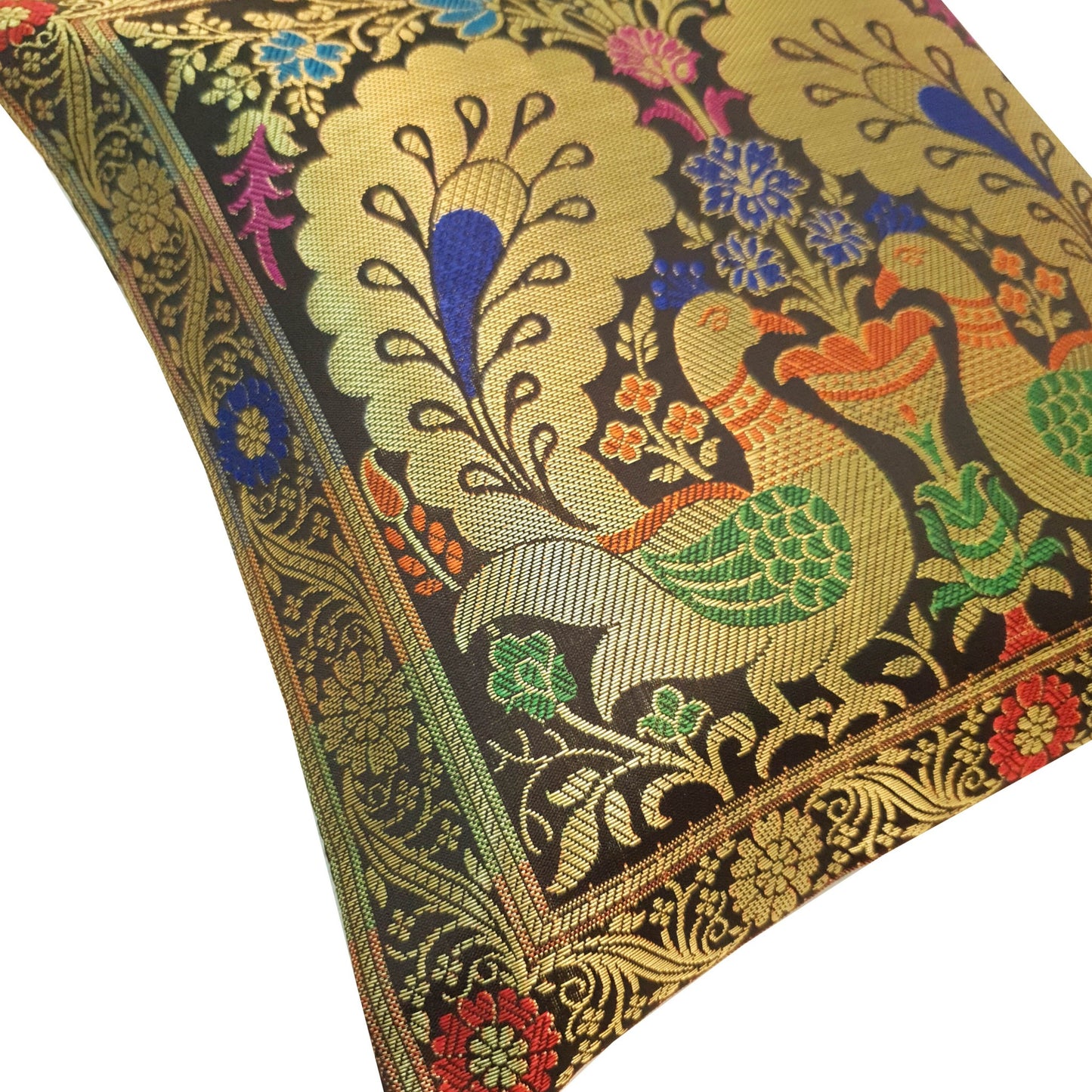 12x12 Inch Cushion Covers Black Indian Banarasi Woven Peacock Zari Brocade Silk