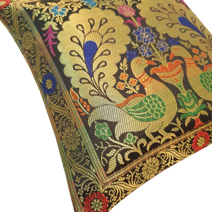 12x12 Inch Cushion Covers Black Indian Banarasi Woven Peacock Zari Brocade Silk