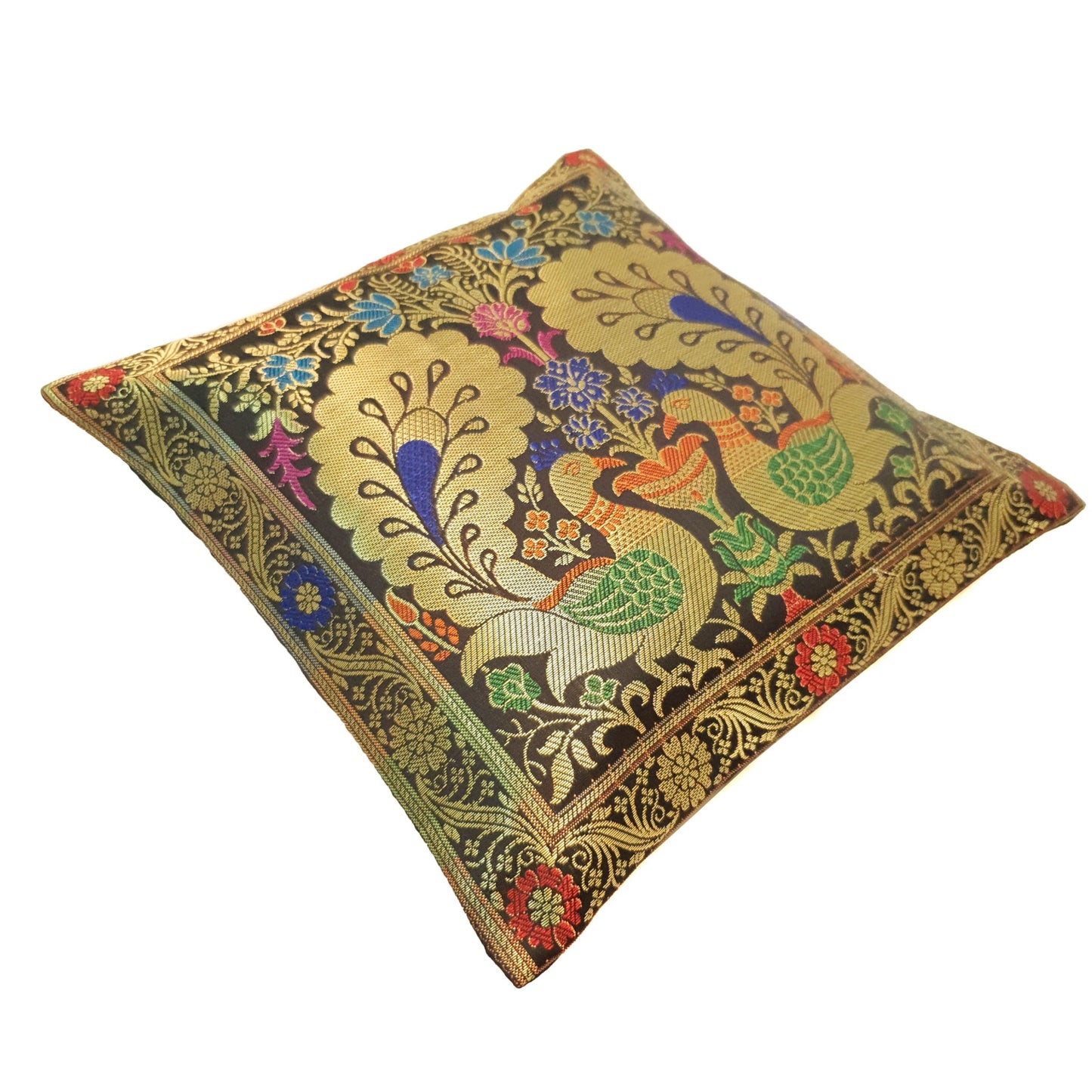 12x12 Inch Cushion Covers Black Indian Banarasi Woven Peacock Zari Brocade Silk