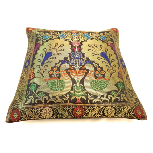 12x12 Inch Cushion Covers Black Indian Banarasi Woven Peacock Zari Brocade Silk