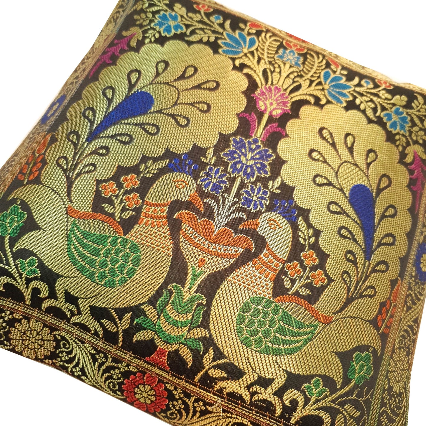 12x12 Inch Cushion Covers Black Indian Banarasi Woven Peacock Zari Brocade Silk
