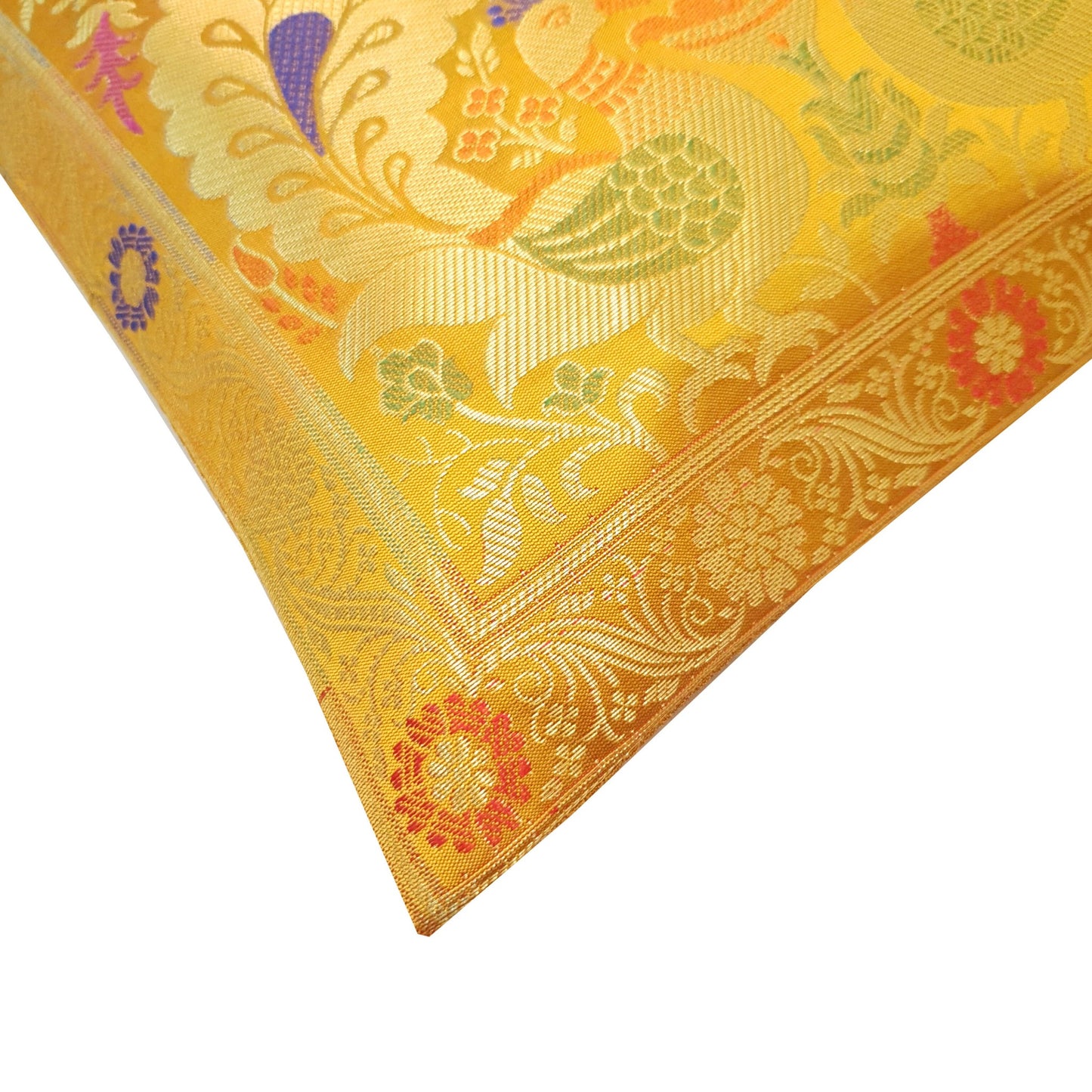 Mustard 12x12 Inch Cushion Cover Indian Banarasi Woven Peacock Zari Brocade Silk