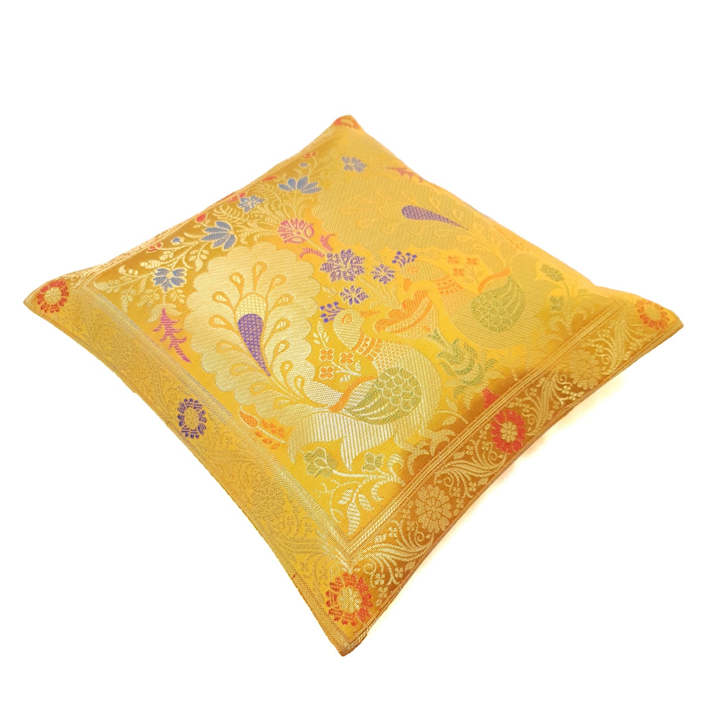 Mustard 12x12 Inch Cushion Cover Indian Banarasi Woven Peacock Zari Brocade Silk