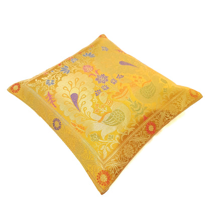 Mustard 12x12 Inch Cushion Cover Indian Banarasi Woven Peacock Zari Brocade Silk