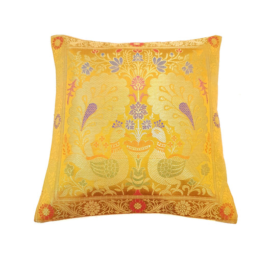 Mustard 12x12 Inch Cushion Cover Indian Banarasi Woven Peacock Zari Brocade Silk