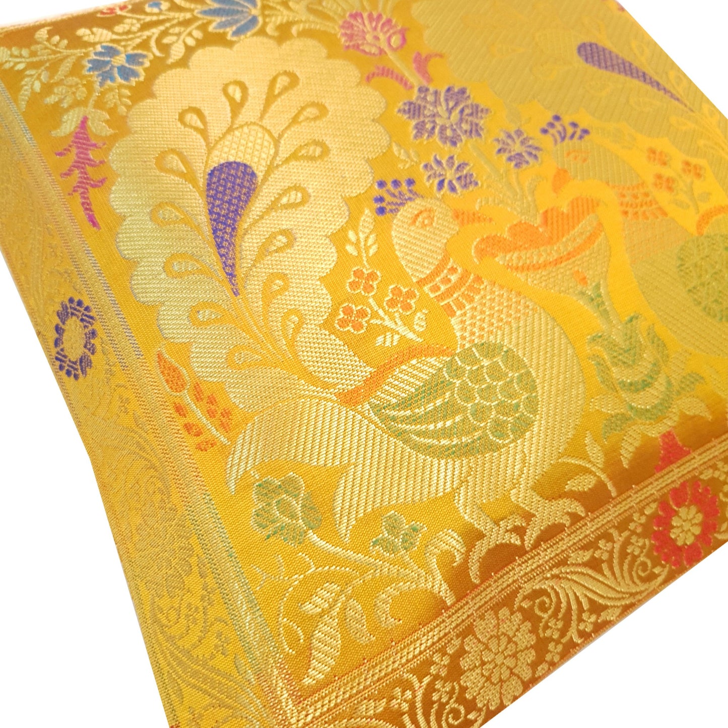 Mustard 12x12 Inch Cushion Cover Indian Banarasi Woven Peacock Zari Brocade Silk