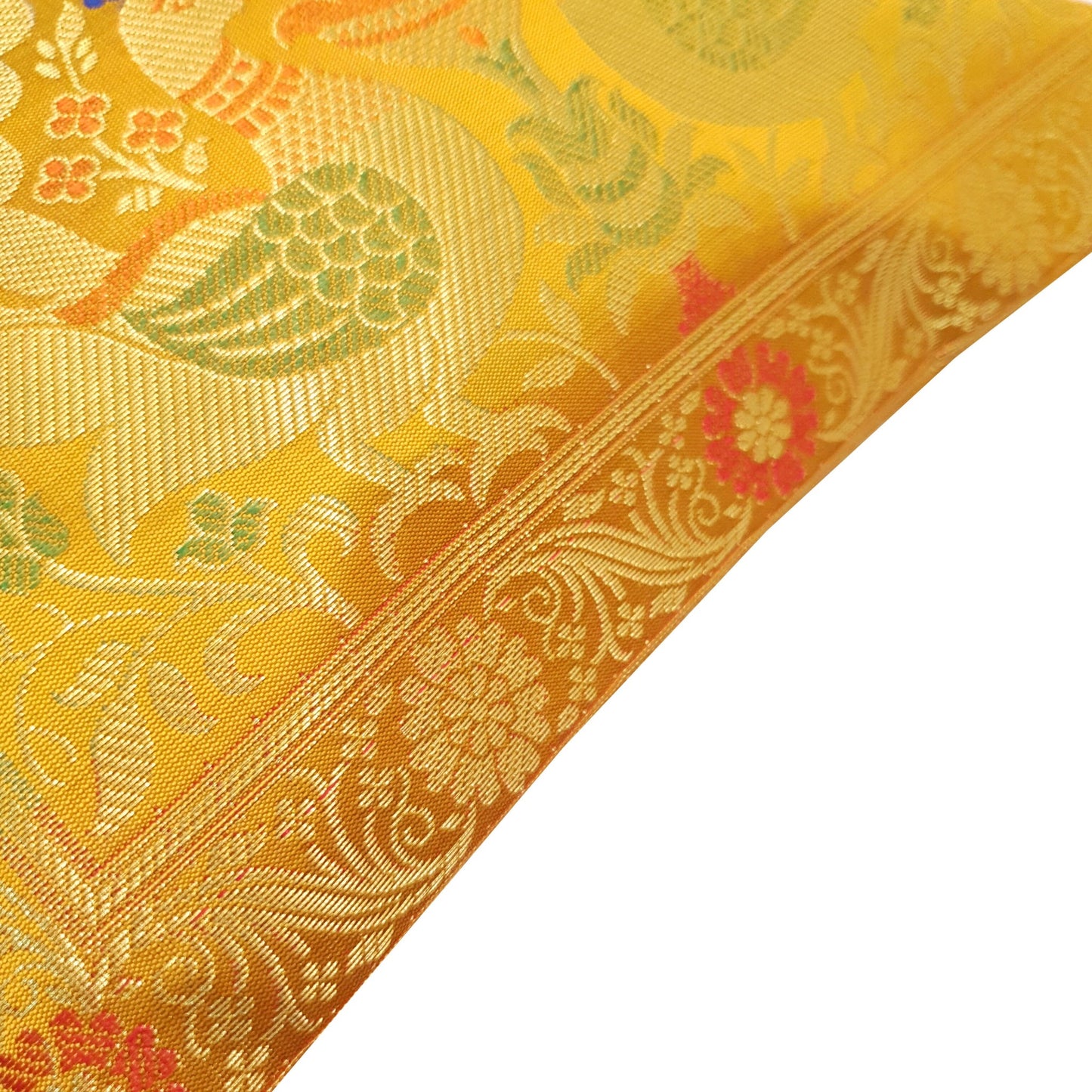 Mustard 12x12 Inch Cushion Cover Indian Banarasi Woven Peacock Zari Brocade Silk
